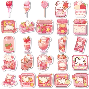 Set of 50 cute pink strawberry snack stickers for decorating water bottles and laptops