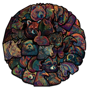 Dettaglio di 50 adesivi animali colorati con design artistico a linee arcobaleno vivaci