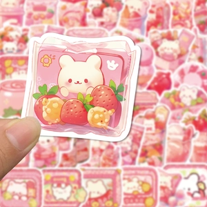 Close-up of a pink kawaii strawberry bear waterproof sticker for water bottles
