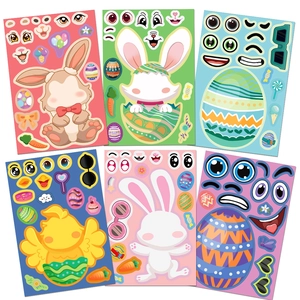 Set of 6 Easter bunny and egg DIY stickers with cartoon facial features and accessories