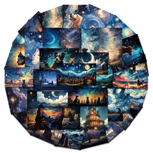 Detail view of artistic dog stickers in Van Gogh starry night style for laptop decor