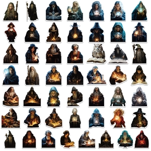 Detaillierte Ansicht von 50 Fantasy Zauberer Aufklebern mit Eulen und Büchern auf Weiß