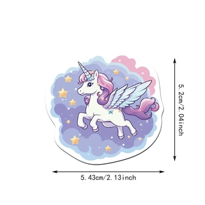 Detailed size view of a waterproof cartoon unicorn sticker with 5.2cm x 5.4cm dimensions