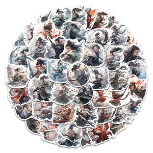 Detailed close-up of various ancient Chinese swordsman stickers with white border edges