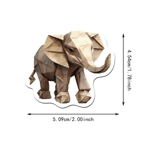 Detailed dimensions of elephant origami sticker with wood grain texture and geometric pattern