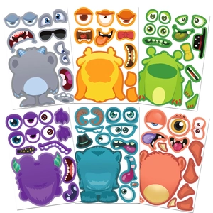Detail view of 6-pack colorful DIY monster facial expression puzzle stickers for kids