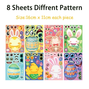 Set of 8 Easter DIY stickers with cartoon rabbits and eggs for kids creative craft activity