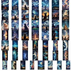 Set of 50 romantic starry sky stickers with Van Gogh impressionist art dog and cat patterns