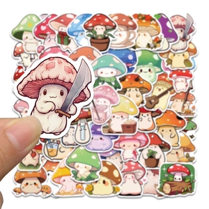 Close-up of cute cartoon mushroom stickers with creative plant designs on a soft background