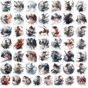 Set of 50 vintage Chinese swordsman stickers for luggage, laptops, and waterproof gear