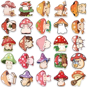 Set of 25 cute cartoon mushroom stickers with unique expressions and colorful designs