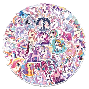 Detailed view of 50 unique waterproof unicorn stickers with pastel rainbow colors