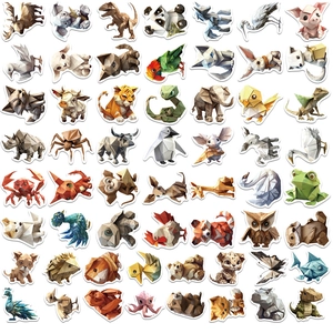 Detailed collection of 58 low-poly animal stickers with vibrant colors and geometric design