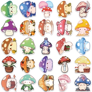 Detailed grid view showing 25 unique cute cartoon mushroom sticker designs with sharp edges