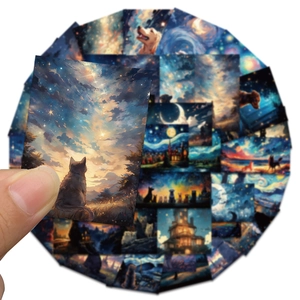 Van Gogh Starry Night style aesthetic stickers featuring cat and dog pets for phone decor