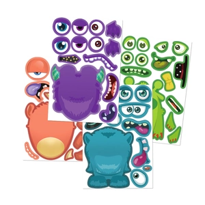 Detail view showing a set of four colorful cartoon monster DIY puzzle stickers for kids