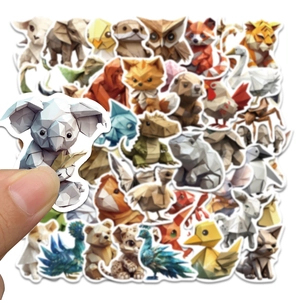 Close-up of low poly origami animal stickers being held to show size and quality