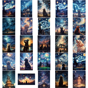 Detail showing various Van Gogh style starry sky aesthetic cat and dog stickers