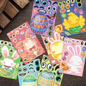 Close-up of DIY Easter stickers set with bunnies, eggs, and decorative paper accessories