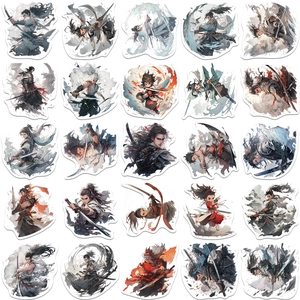 Detailed set of 25 waterproof PVC ancient swordsman stickers for luggage and laptops
