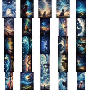 Close-up of 25 artistic starry night pet stickers with vibrant impressionist designs