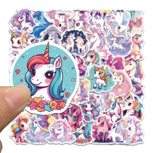 Close-up of waterproof cartoon unicorn stickers for luggage and laptop personalization
