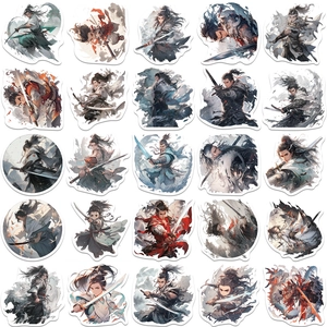 Flat lay of 25 unique ancient swordsman anime stickers with waterproof ink wash design