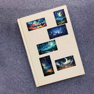 Set of 6 aesthetic starry night stickers with forest and camping art on book cover