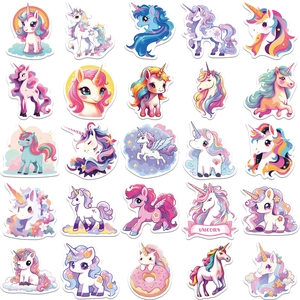 Macro display of 25 unique unicorn waterproof stickers in soft macaron pastel colors