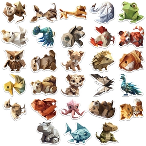 Set of 28 geometric low-poly origami animal stickers for laptops and water bottles