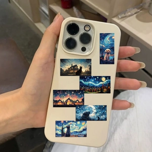 Artistic oil painting phone case detail with starry night cat and dog pattern on silicone
