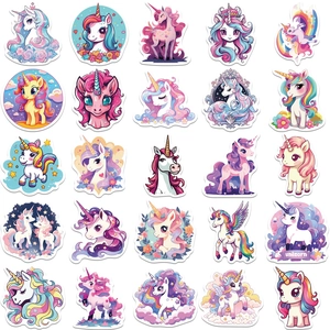 Detailed view of 25 waterproof unicorn cartoon stickers in a neat 5x5 matrix layout