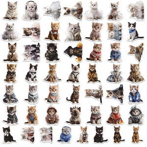 Set of 50 cute cartoon cat stickers with diverse outfits for DIY journals and luggage