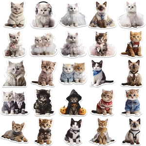 Macro shot of 25 cute cartoon kittens in diverse costumes for DIY stickers decoration