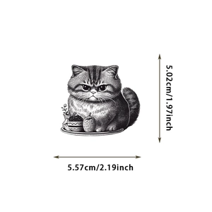 Detail view showing cat sticker dimensions 5.02cm by 5.57cm for laptop and phone cases