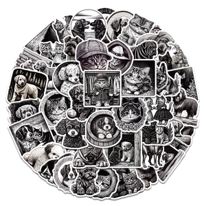 Detailed view of vintage black and white animal stickers with fine sketch art style