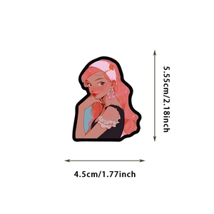 Detail view of a pink-haired anime girl sticker showing 5.55cm by 4.5cm dimensions