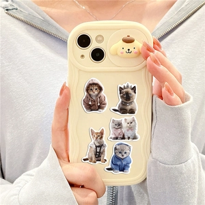 Cute cream phone case for iPhone with sliding 3D cartoon lens cover and cat stickers