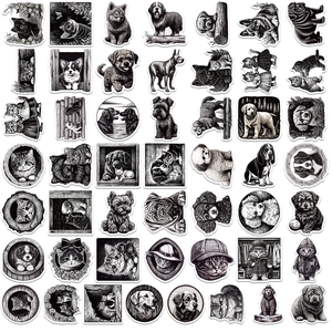 Set of 50 monochrome artistic pet stickers featuring hand-drawn cats and dogs for decor