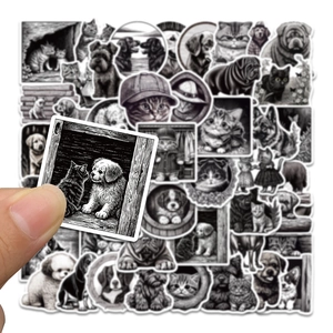 Black and white monochrome animal stickers for laptops and phone cases with cat and dog art