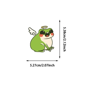 Detailed size view of a cute cartoon angel frog sticker measuring 5.38 cm by 5.27 cm