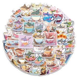 Detail of colorful cartoon shark and floral stickers on a clean white background