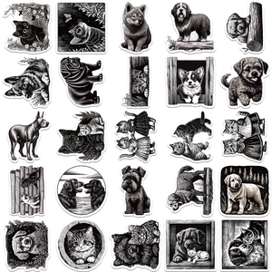 Detailed grid view of 25 black and white animal stickers featuring cats and dogs