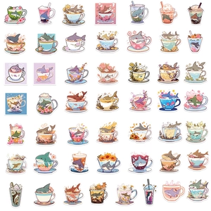 Set of 50 cute cartoon shark stickers in teacups for DIY laptop and luggage decoration