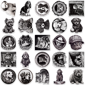 Detailed woodcut style pet stickers for laptops featuring black and white hand-drawn animal art
