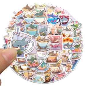 50-piece set of cute cartoon shark stickers featuring drinks and floral designs