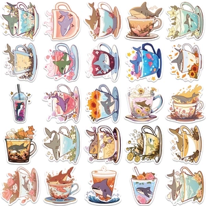 Detail view of 25 cute cartoon shark stickers with tea cup designs for DIY decoration