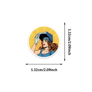 Detail shot of a 2.09-inch retro female welder sticker with precise size measurements