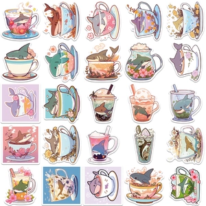 Detailed grid of 25 cute shark stickers in macaron-colored tea and dessert cups