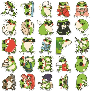 Flat lay of 25 unique cute cartoon frog stickers with various roles and expressions